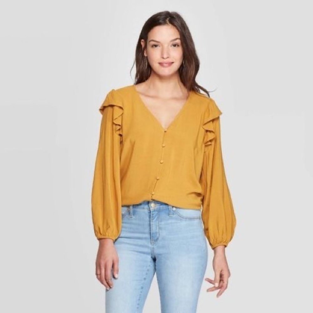 Universal Thread - V-Neck Top - Ruffled - Long Sleeve - Size Small - Yellow
